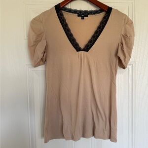 2 for $20 sale: Gap beige Pima cotton t-shirt black lace collar ruched sleeves